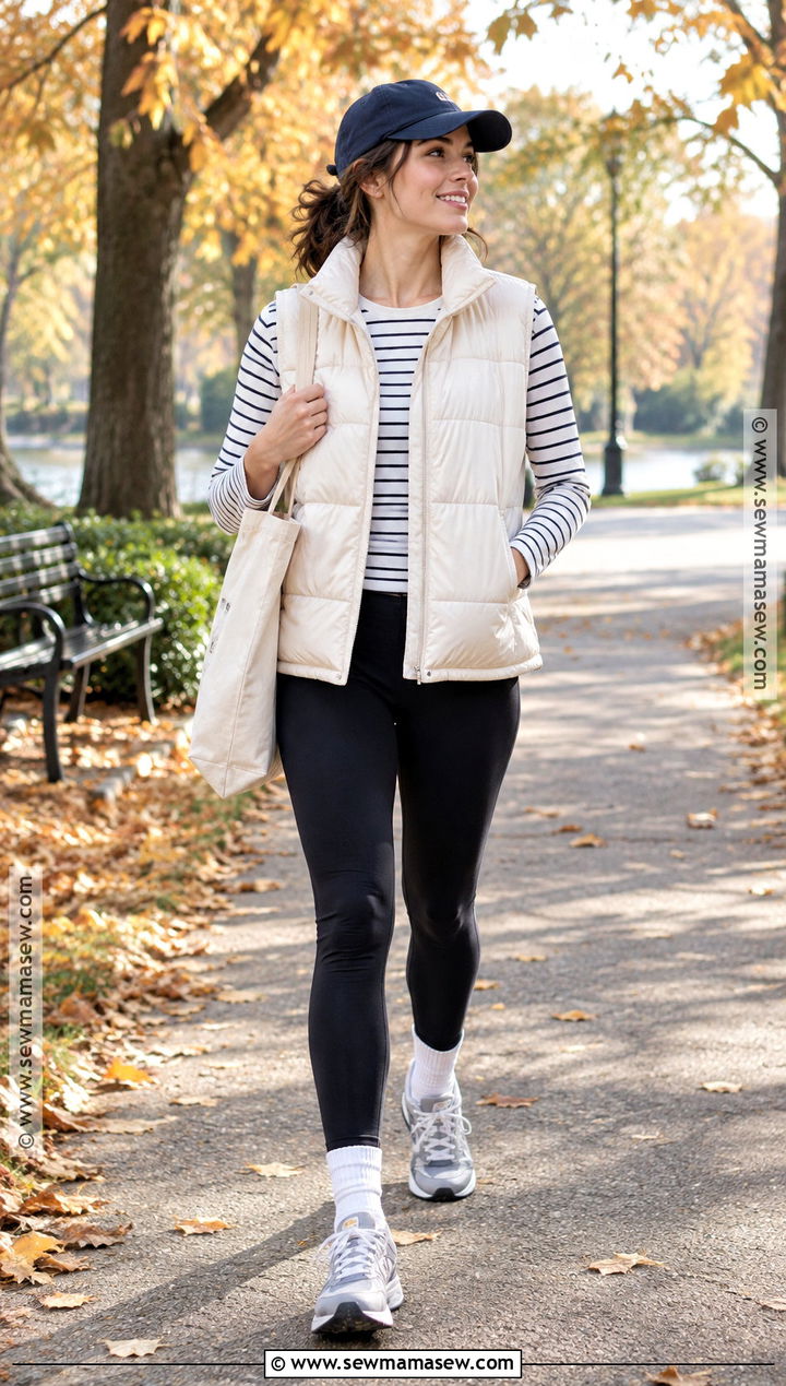 Puffer Vest Leggings And Sneakers - 15 Casual Fall Outfits For Women Sneakers