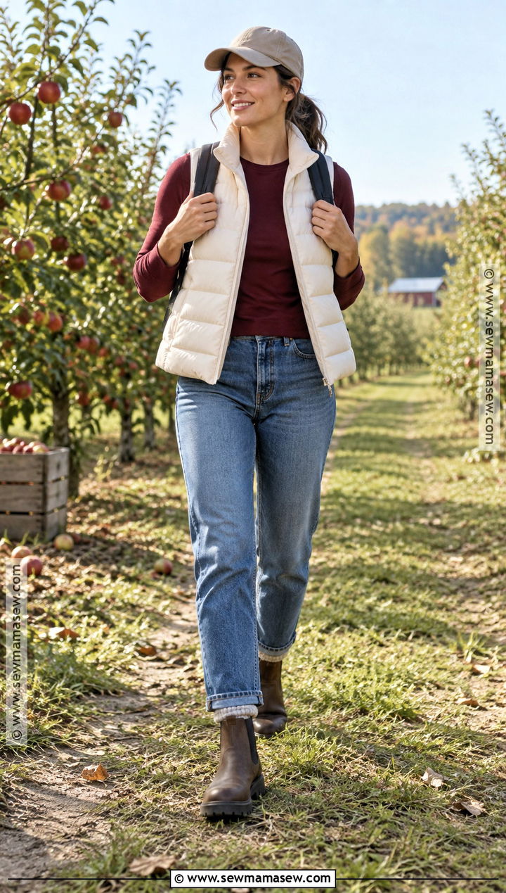 Puffer Vest Long Sleeve Tee Jeans and Boots Fall Outfit - 25 simple fall outfits casual