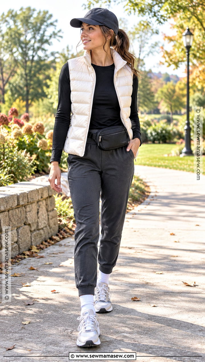 Puffer Vest Long Sleeve Top and Joggers - 15 simple casual fall outfits