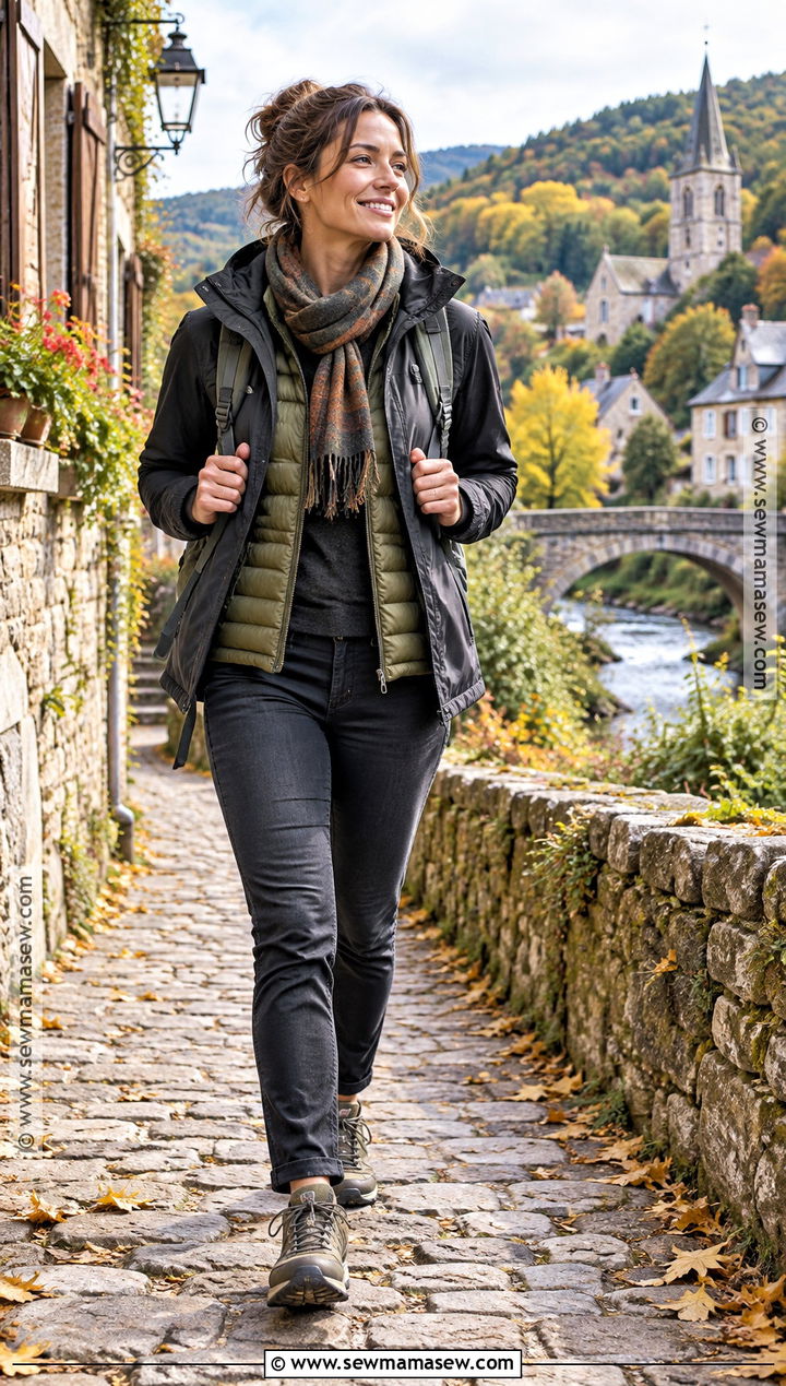 Puffer Vest Merino Top Jeans And Hiking Sneakers - 20 Fall Travel Capsule Wardrobe Europe Ideas