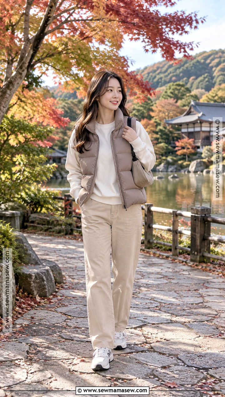 Puffer Vest Sweatshirt Straight Pants And Sneakers - 20 Japan Outfit Fall Season Ideas