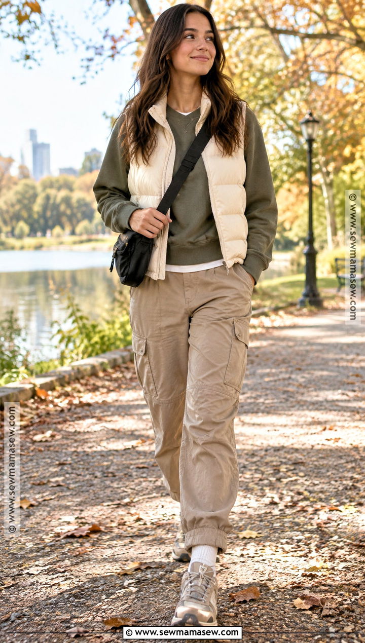 Puffer Vest Sweatshirt and Cargo Pants Fall Outfit - 15 layer outfits fall
