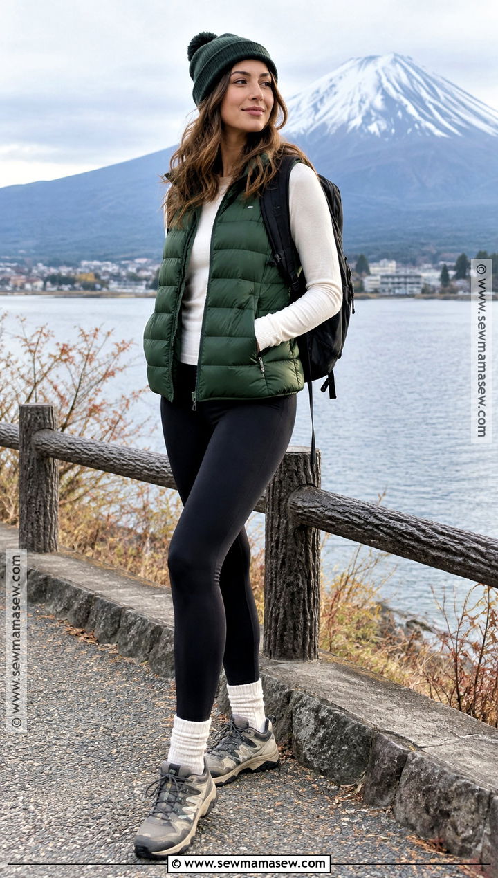 Puffer Vest Thermal Top And Leggings Japan Autumn Outfit - 20 japan travel outfit autumn ideas