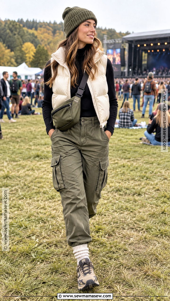 Puffer Vest Turtleneck Cargo Pants Outfit - 15 fall outside concert outfit ideas