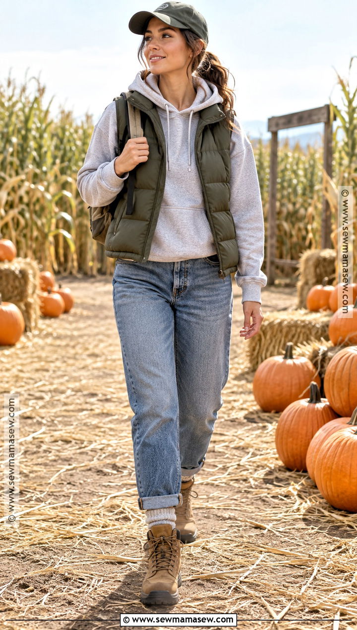 Puffer Vest With A Hoodie And Hiking Boots - 15 Pumpkin Patch Outfit Ideas for Women 2026