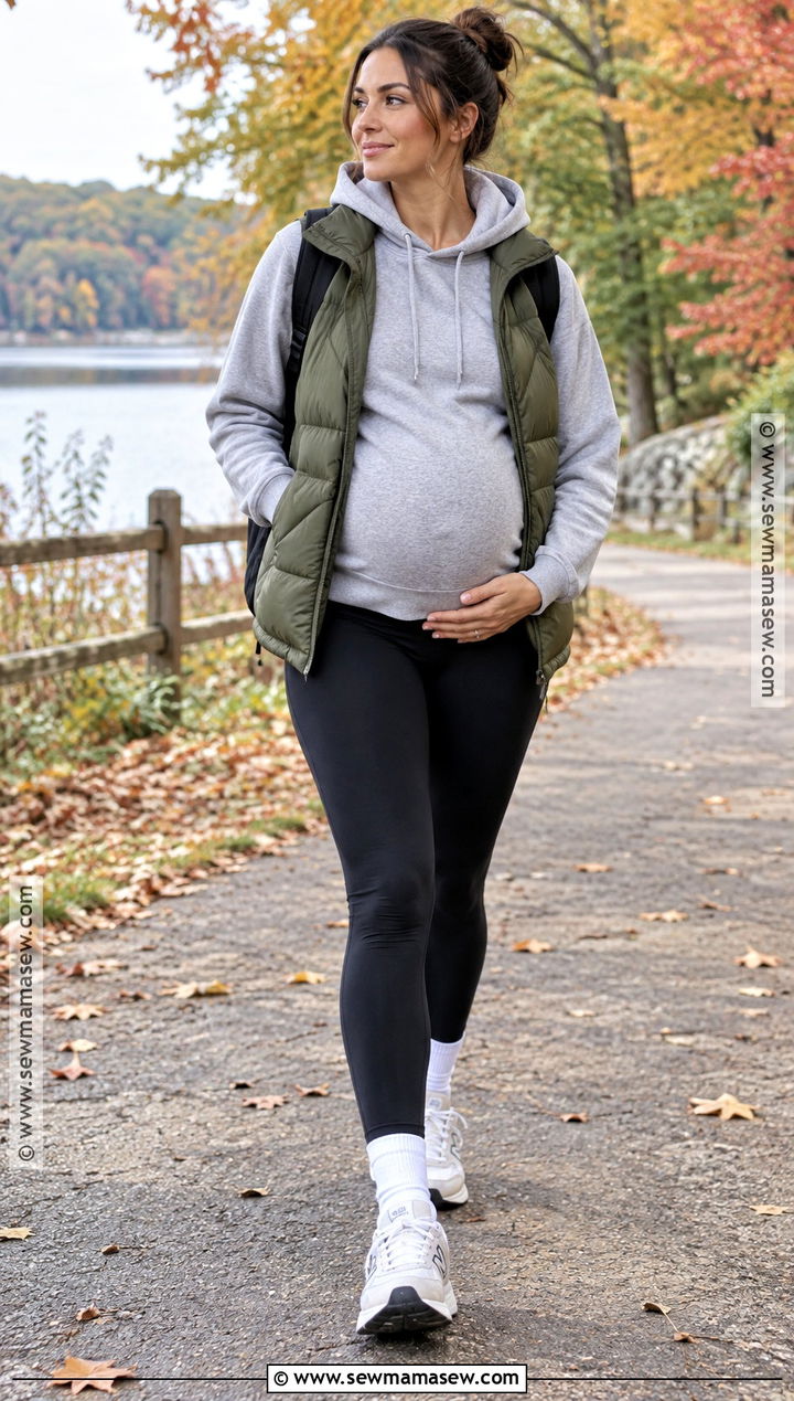 Puffer Vest With A Maternity Hoodie And Leggings - 15 fall outfit ideas pregnant