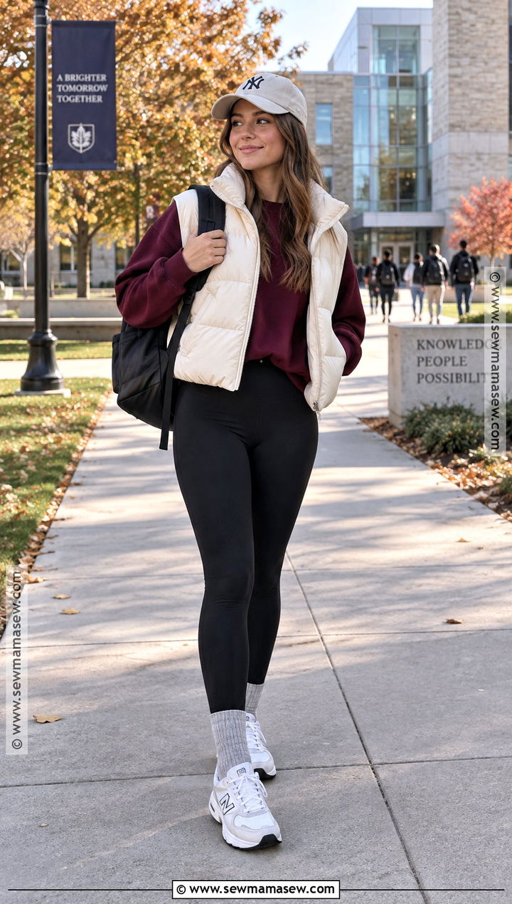 Puffer Vest With A Sweatshirt And Leggings - 15 comfy fall college outfits