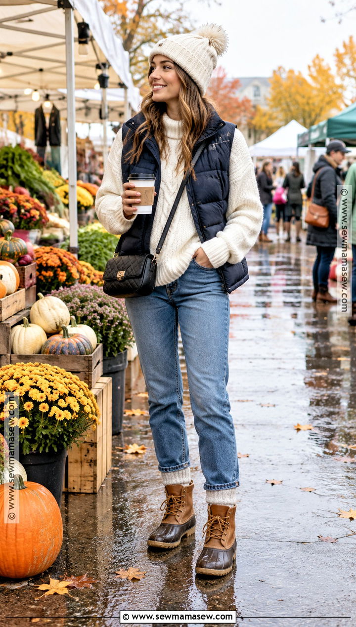 Puffer Vest With Duck Boots - 25 fall outfits with boots