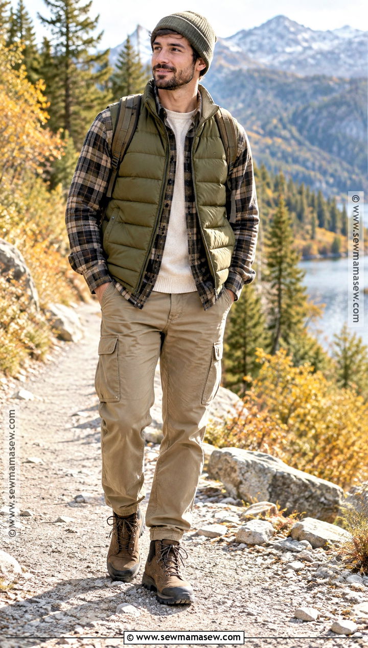Puffer Vest With Flannel Shirt And Cargo Pants - 20 Casual Outfits Men Fall