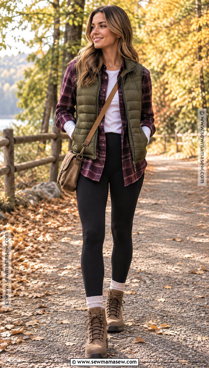 Puffer Vest With Flannel Shirt And Leggings - 25 autumn layering outfit ideas