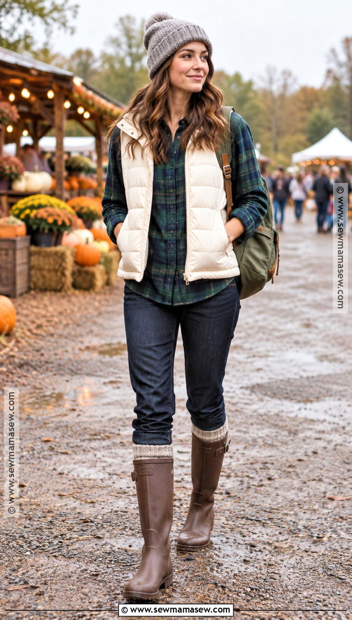 Puffer Vest With Flannel Shirt And Rain Boots - 15 Fall Fashion Rain Boot Ideas
