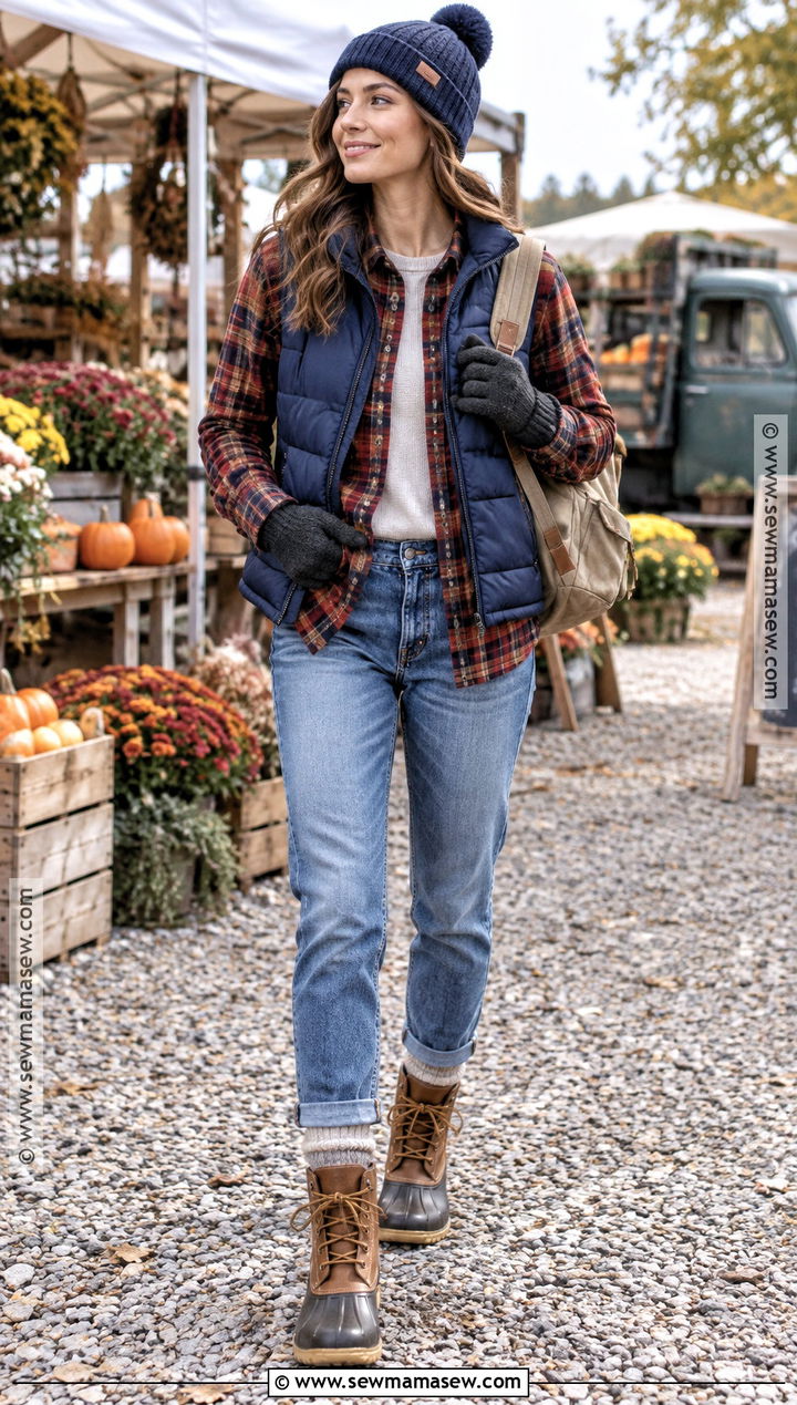 Puffer Vest With Flannel Shirt And Relaxed Jeans - 20 30 degree weather outfit fall ideas