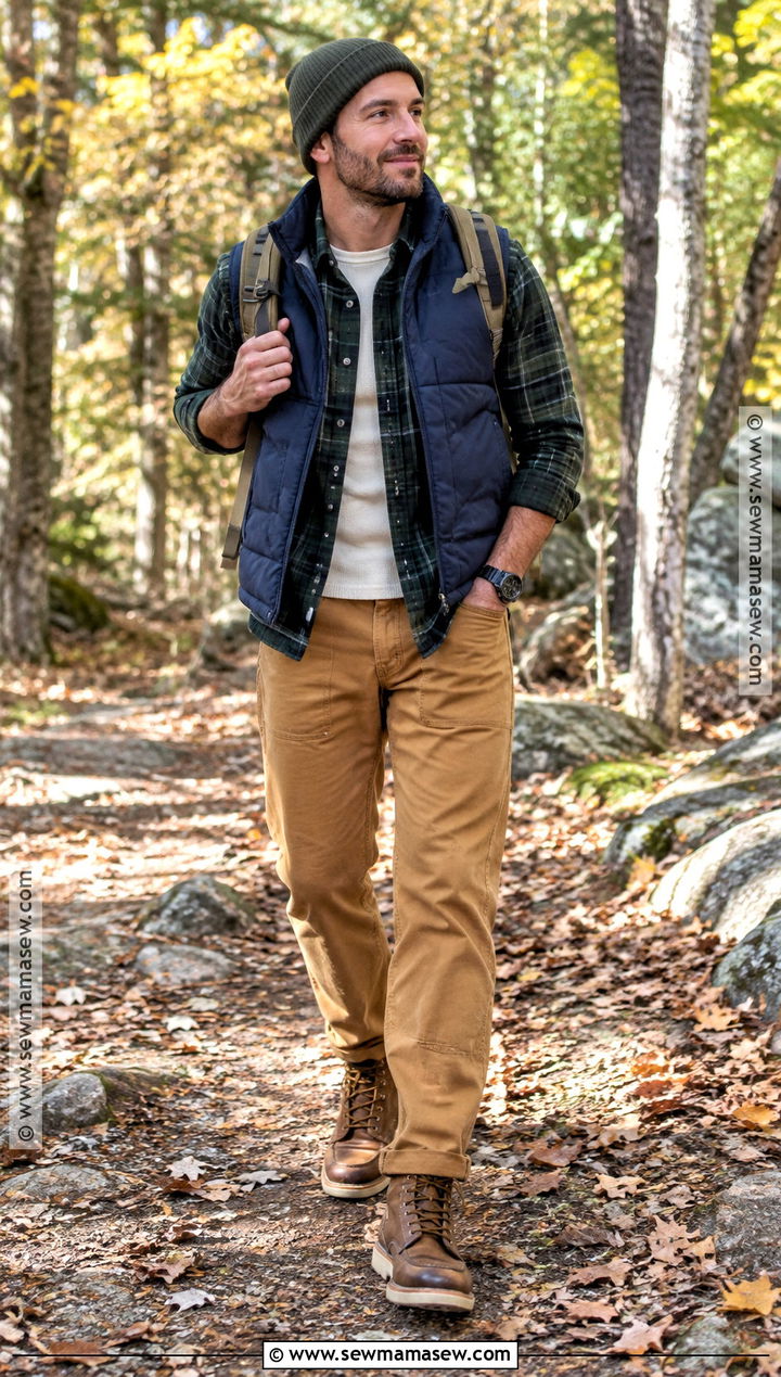 Puffer Vest With Flannel Shirt And Work Pants - 20 fall winter outfits for men