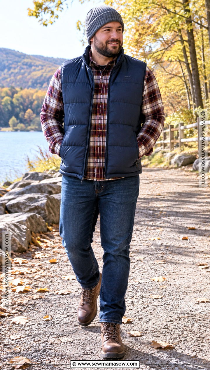 Puffer Vest With Flannel Shirt and Jeans - 20 fall outfits for men casual
