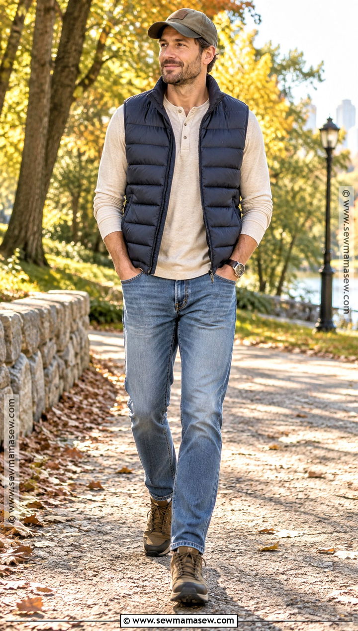 Puffer Vest With Henley and Blue Jeans - 20 Men Autumn Outfit Casual Ideas