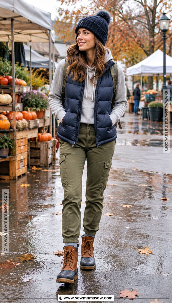 Puffer Vest With Hoodie Cargo Pants And Duck Boots - 15 fall outfits for rainy days