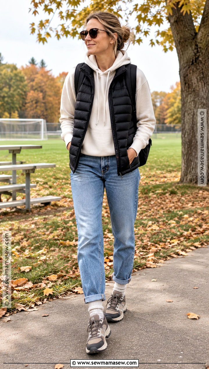 Puffer Vest With Hoodie Jeans and Hiking Sneakers - 20 Simple Fall Outfits for Moms