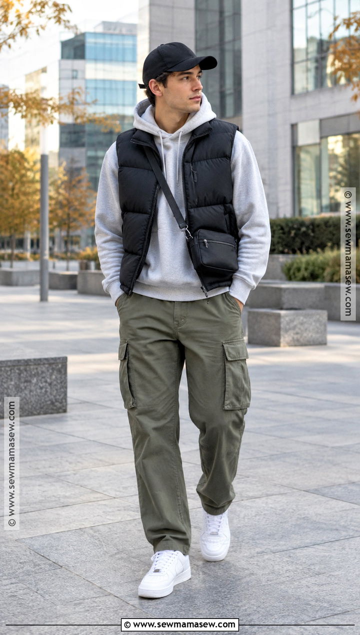 Puffer Vest With Hoodie and Cargo Pants - 15 Mens Fall Vest Outfit Ideas