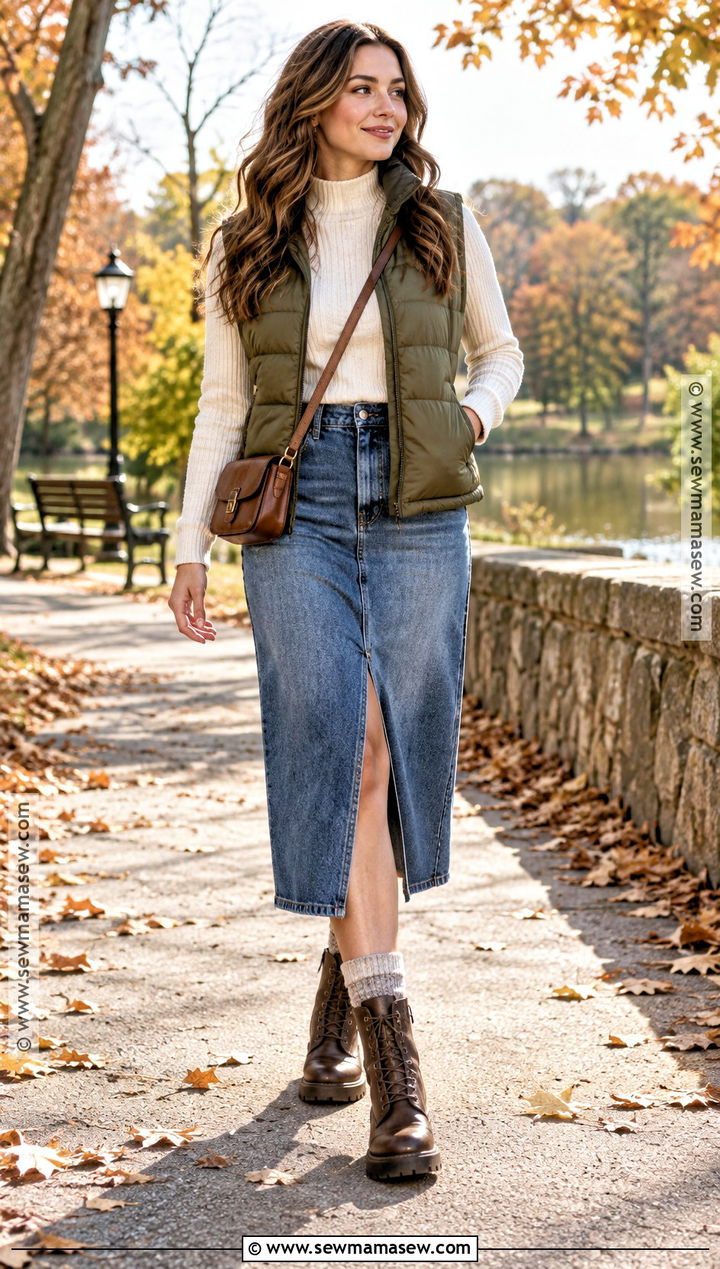 Puffer Vest With Jean Midi Skirt And Lace Up Boots - 20 thanksgiving outfit jean skirt ideas