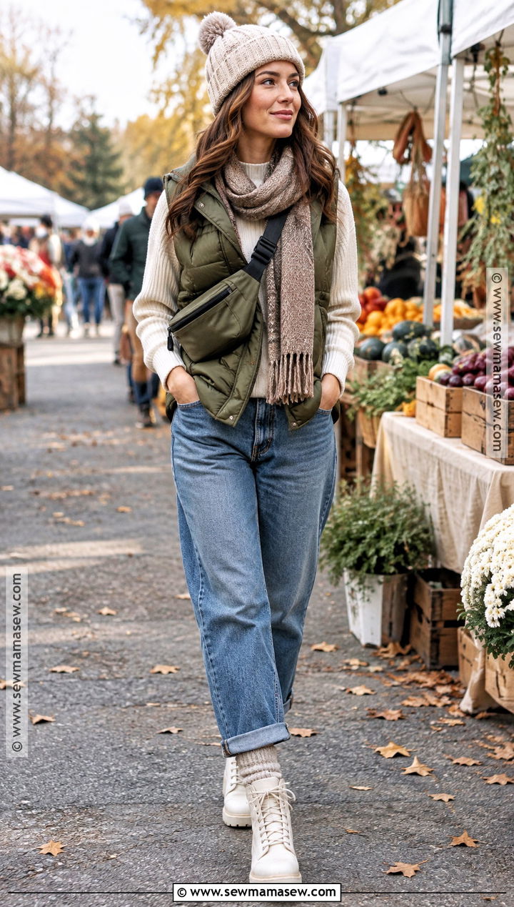 Puffer Vest With Jeans And White Hiking Boots - 20 Fall Outfits With White Boots