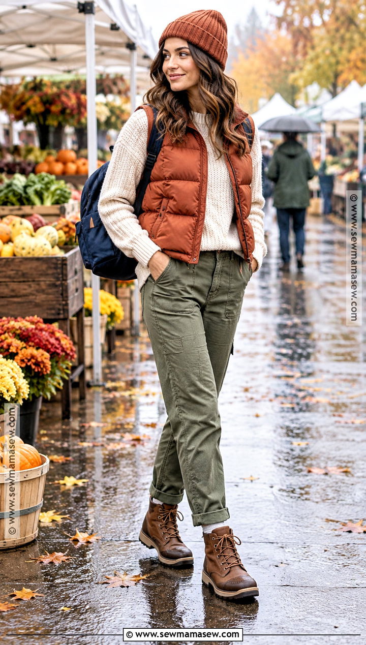 Puffer Vest With Knit Sweater And Utility Pants - 15 cozy fall outfits casual rainy day