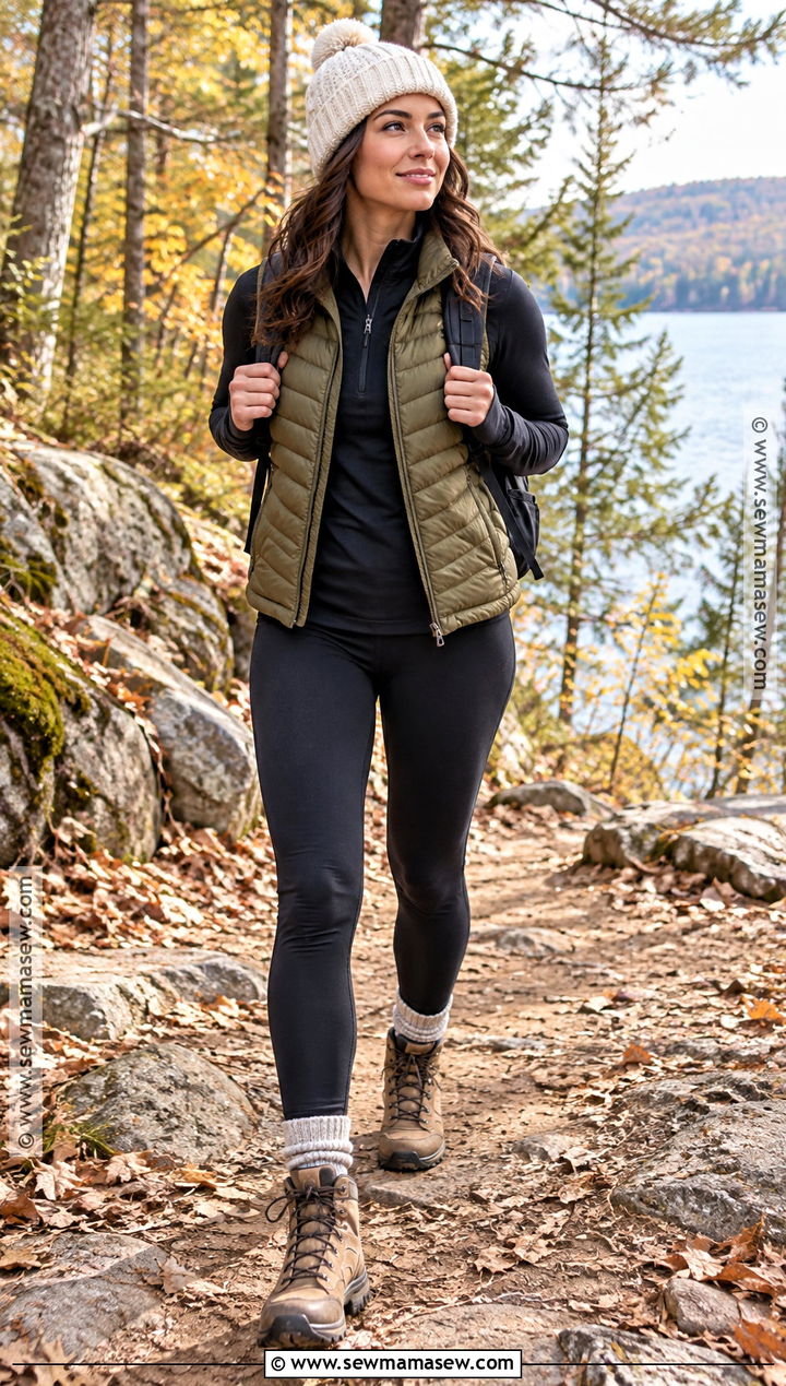 Puffer Vest With Leggings And Hiking Boots - 20 Fall Outfits Women Leggings