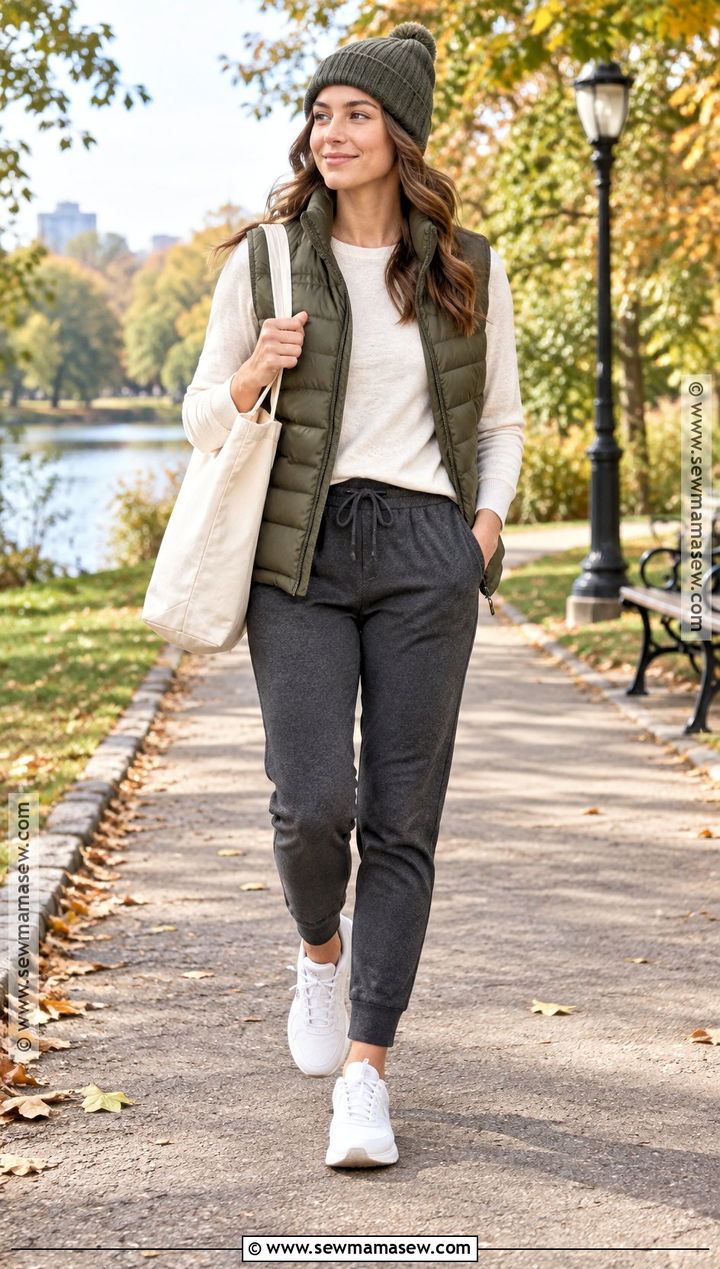 Puffer Vest With Long Sleeve Tee And Joggers - 25 comfortable fall outfits