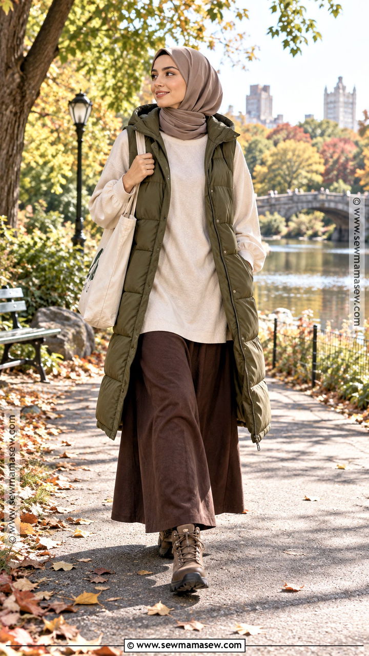 Puffer Vest With Long Tunic And Maxi Skirt - 20 Muslim Fall Outfits