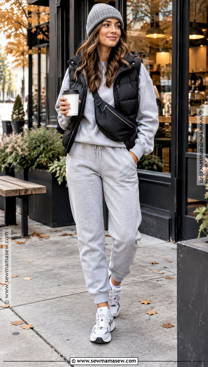 Puffer Vest With Matching Jogger Set And Running Shoes - 15 cute sporty outfits fall