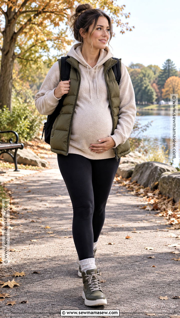 Puffer Vest With Maternity Hoodie and Leggings - 15 cozy fall maternity outfits