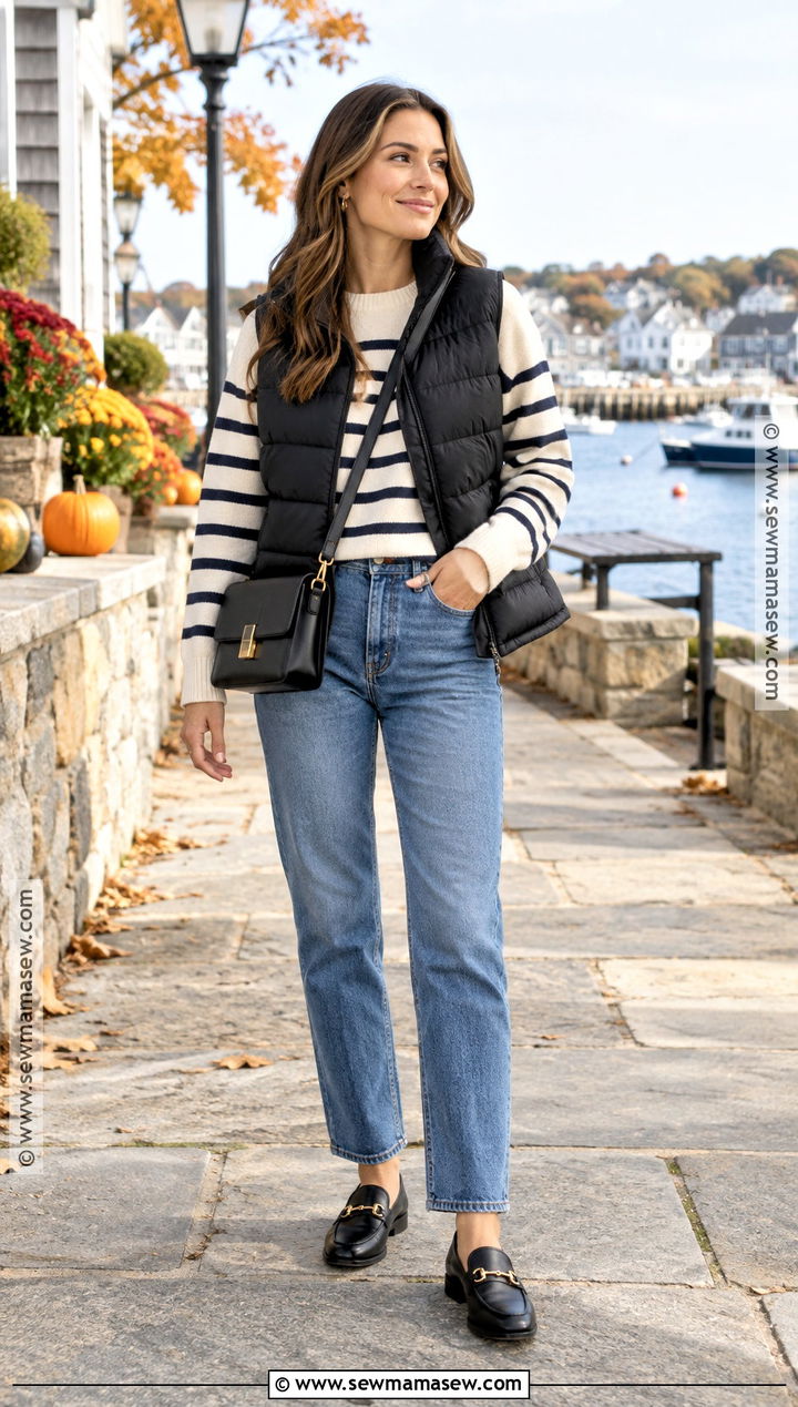 Puffer Vest With Striped Sweater And Jeans - 20 fall puffer vest outfits