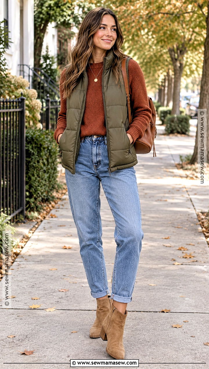 Puffer Vest With Sweater And Mom Jeans - 20 fall puffer vest outfits