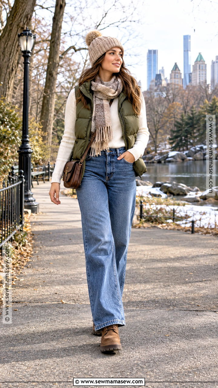 Puffer Vest With Sweater And Wide Leg Jeans - 20 capsule wardrobe fall winter ideas