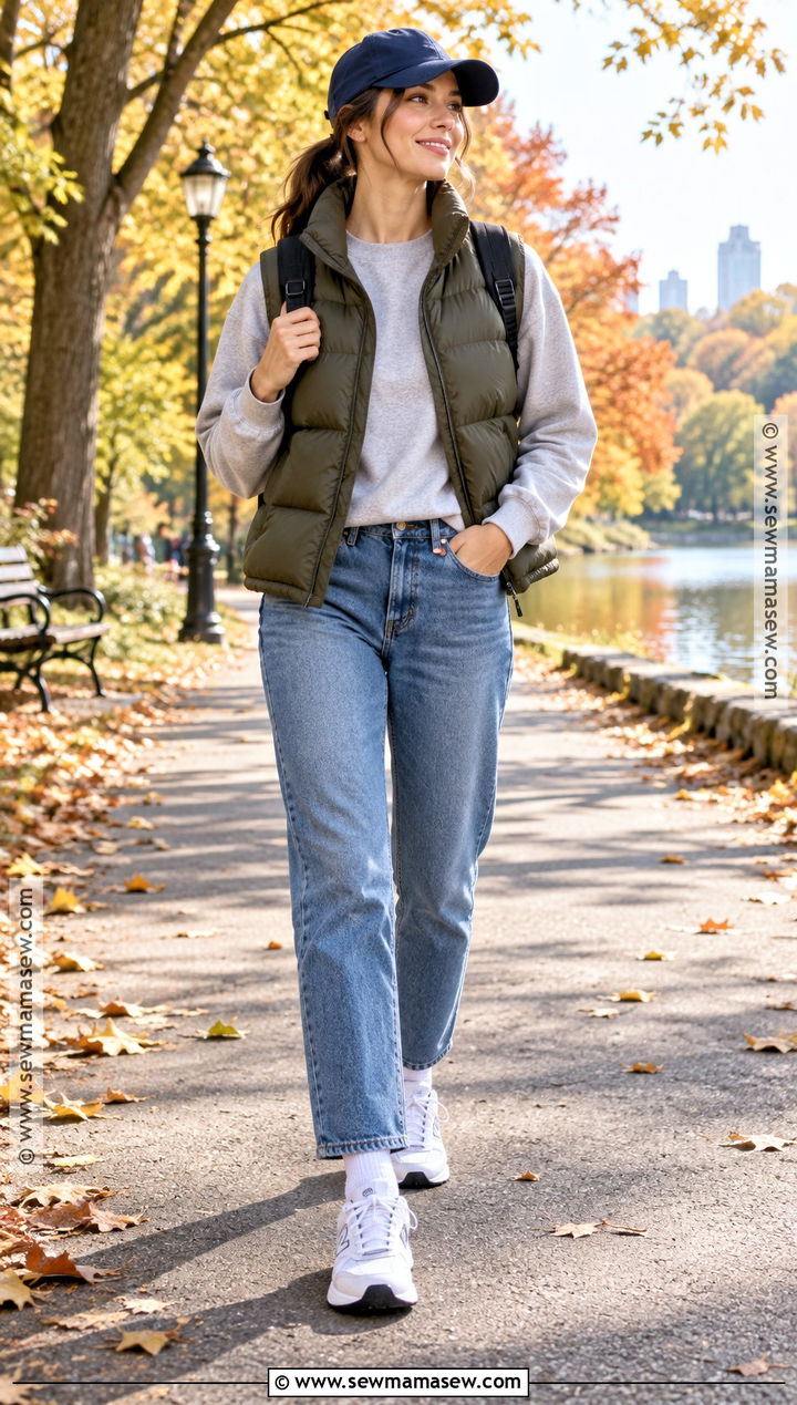 Puffer Vest With Sweatshirt And Jeans - 25 fall day outfit ideas