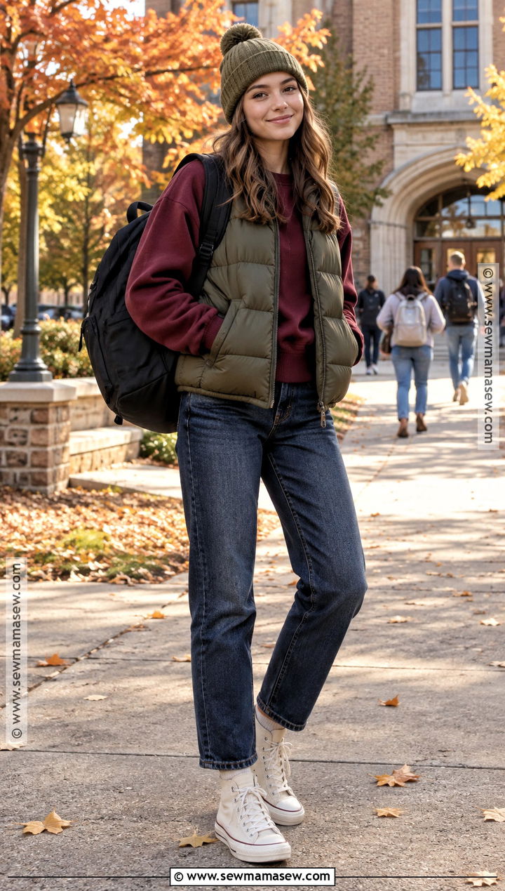 Puffer Vest With Sweatshirt And Jeans - 15 fall high school outfits