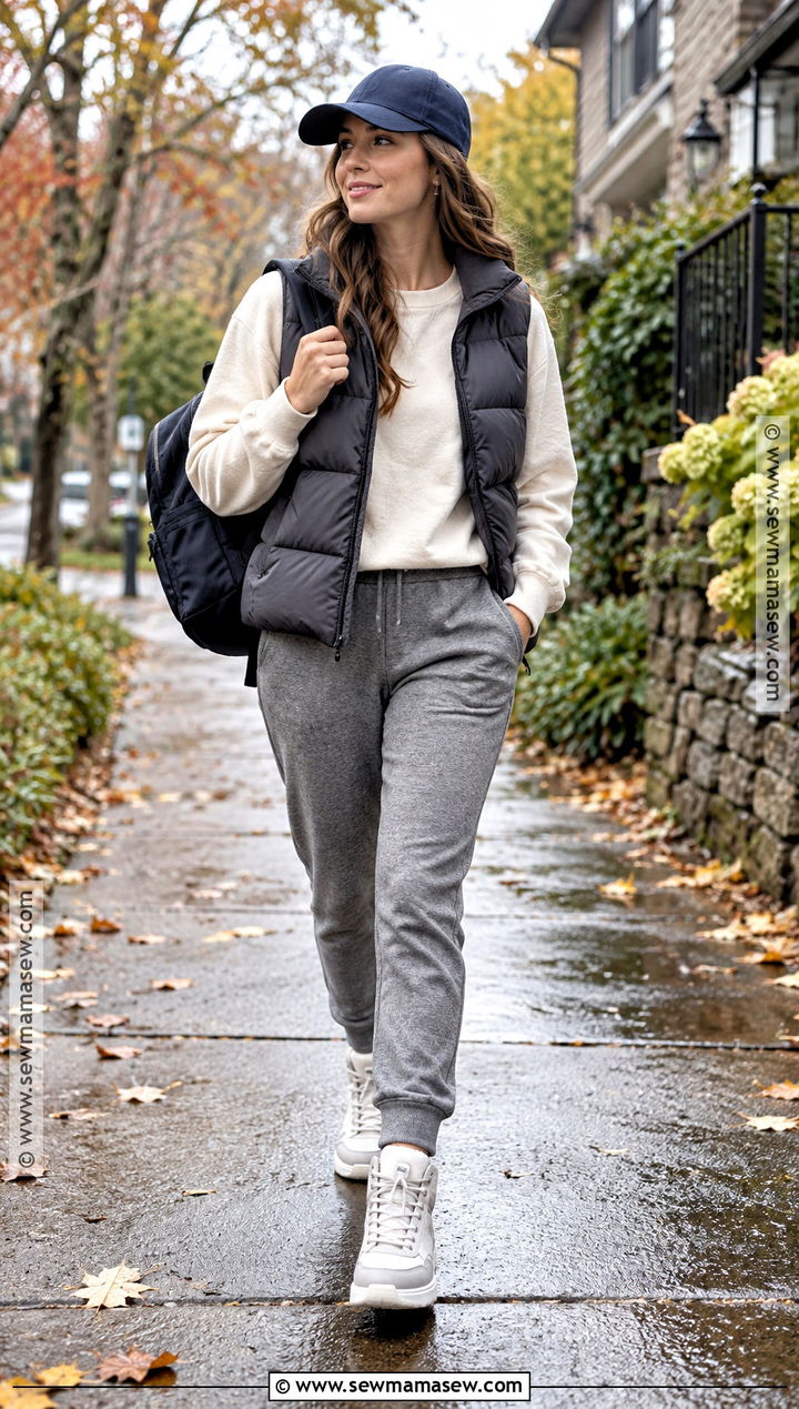 Puffer Vest With Sweatshirt And Joggers - 15 comfy rainy day outfit fall ideas
