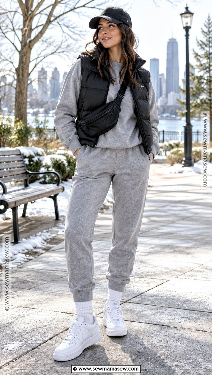 Puffer Vest With Sweatshirt And Joggers Outfit - 25 fall and winter outfits