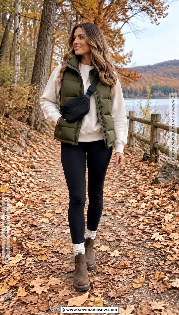 Puffer Vest With Sweatshirt And Leggings - 15 comfy sunday outfit fall ideas