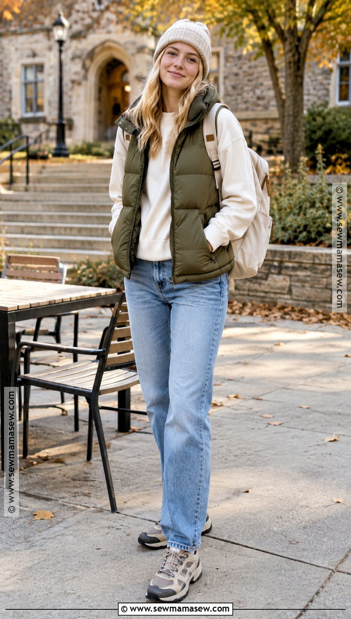 Puffer Vest With Sweatshirt And Straight Jeans - 15 fall outfits college comfy