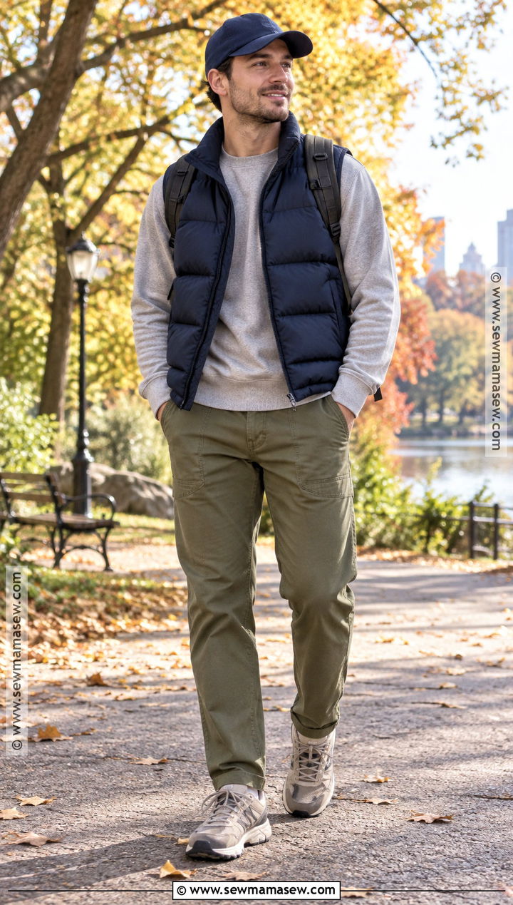 Puffer Vest With Sweatshirt and Utility Pants - 15 chill fall outfits for men