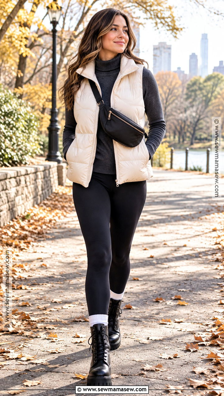 Puffer Vest With Turtleneck And Black Leggings - 15 Warm November Outfits