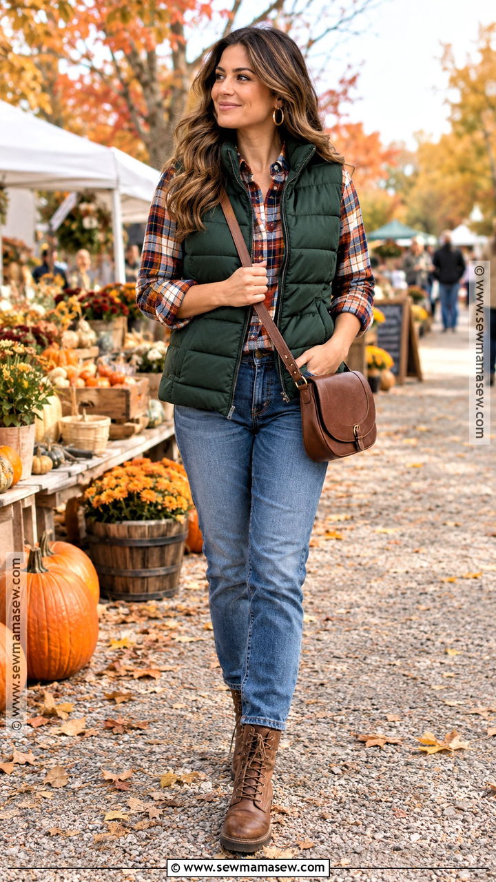 Puffer Vest With a Plaid Shirt and Jeans - 20 fall outfits puffer vest