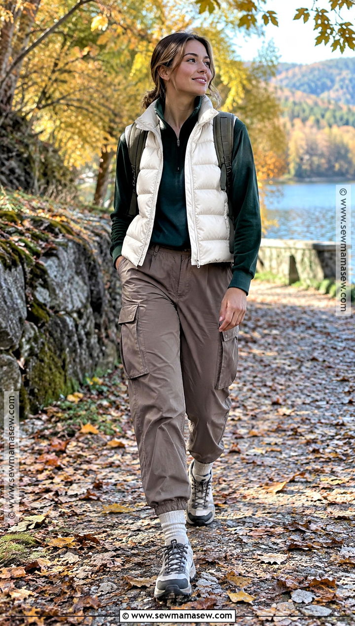 Puffer Vest and Cargo Pants Fall Outfit - 15 Fall Comfortable Outfits for Women
