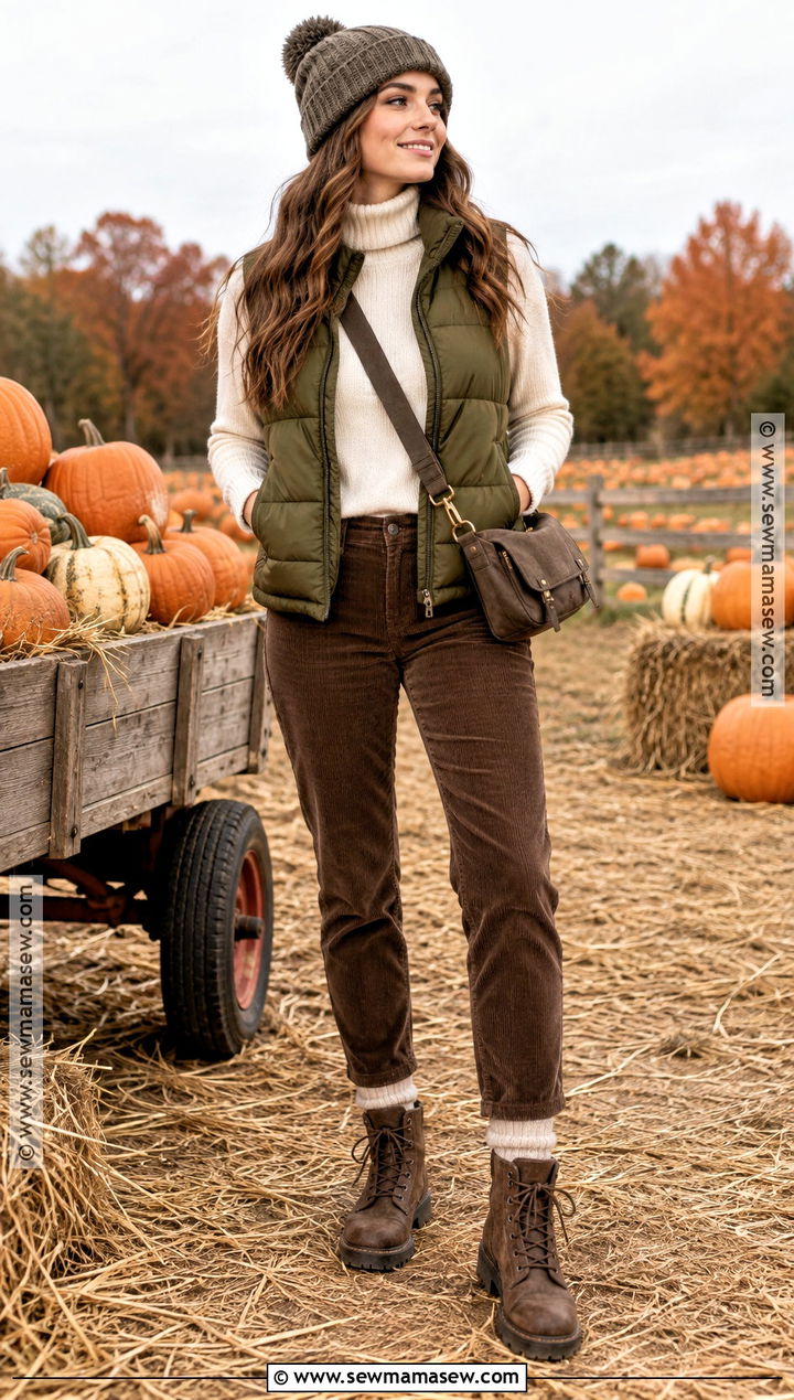 Puffer Vest and Corduroy Pants Pumpkin Patch Outfit - 20 Pumpkin Patch Photoshoot Outfits