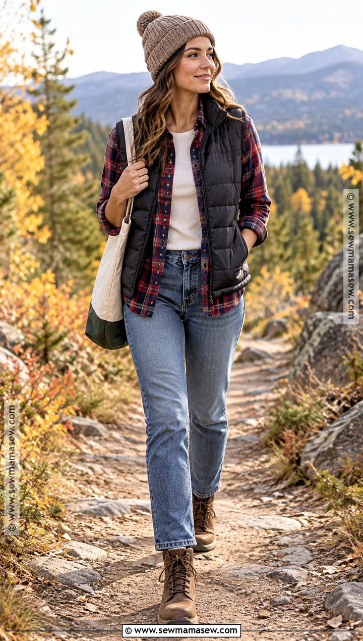 Puffer Vest and Flannel Shirt Fall Layered Outfit - 20 fall layers outfits