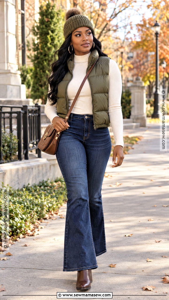 Puffer Vest and Flare Jeans Fall Outfit - 20 fall outfits for black women