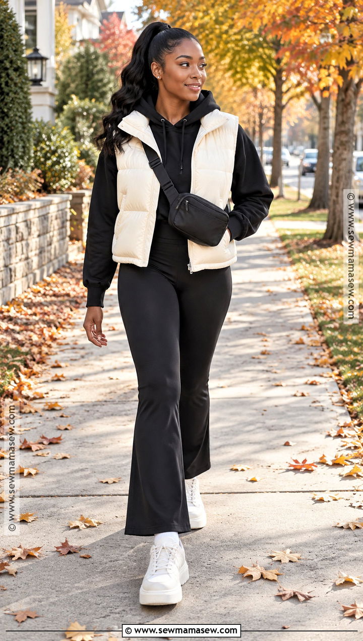 Puffer Vest and Flared Leggings Fall Outfit - 25 casual fall outfits for black women