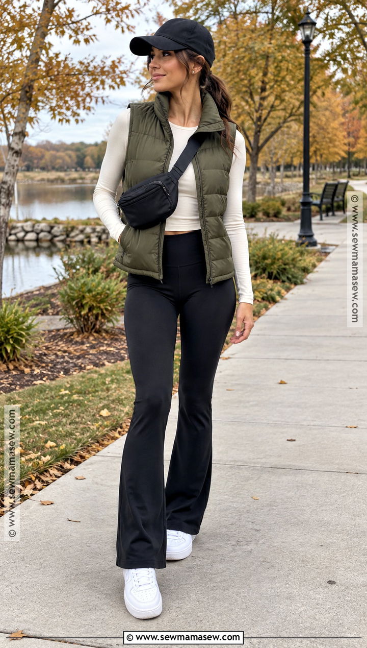Puffer Vest and Flared Leggings With Air Force Ones - 15 Fall Outfit With Air Force Ones Ideas