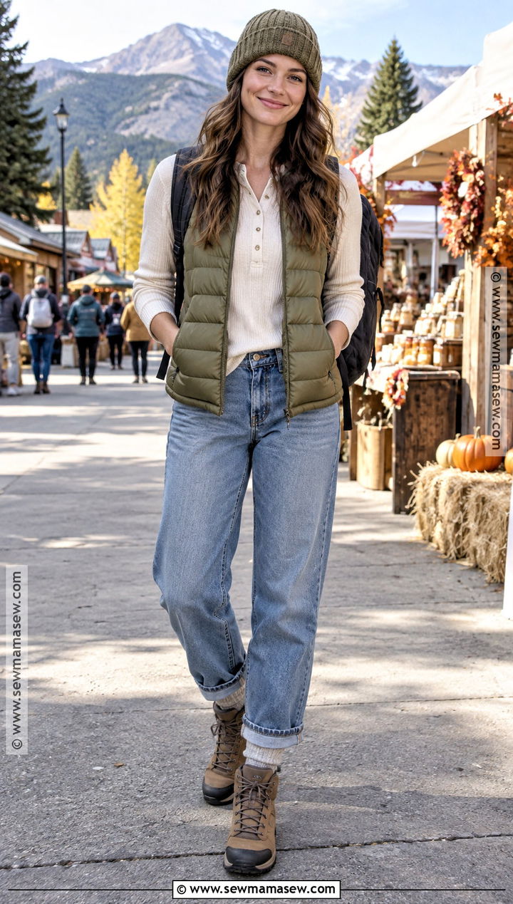Puffer Vest and Hiking Boots Fall Festival Outfit - 30 fall festival outfit ideas