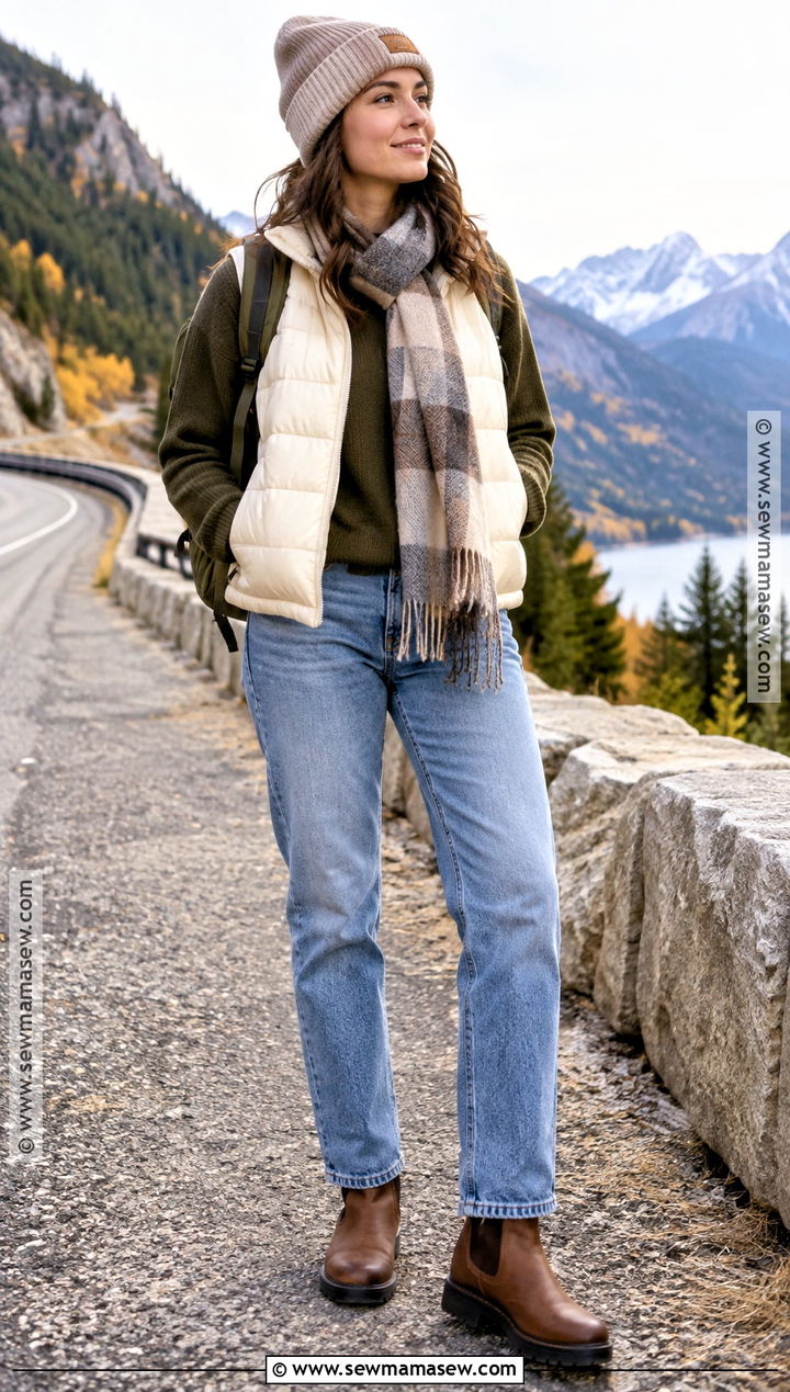 Puffer Vest and Jeans Fall Travel Outfit - 15 fall travel outfits 2026
